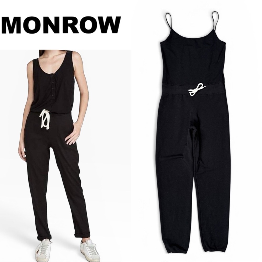 MONROW BLACK JOGGER DRAWSTRING SPAGHETTI STRAP ATHLEISURE LOUNGE JUMPSUIT